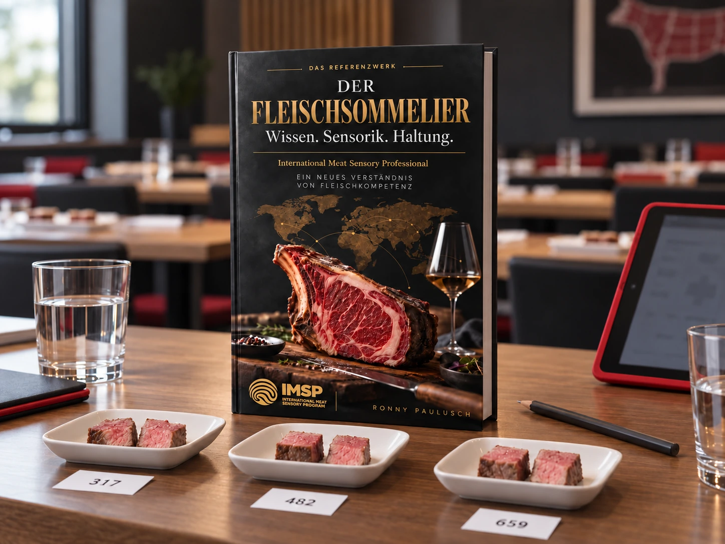 Der Fleischsommelier im Sensoriktraining mit codierten Fleischproben und rotem Training Device