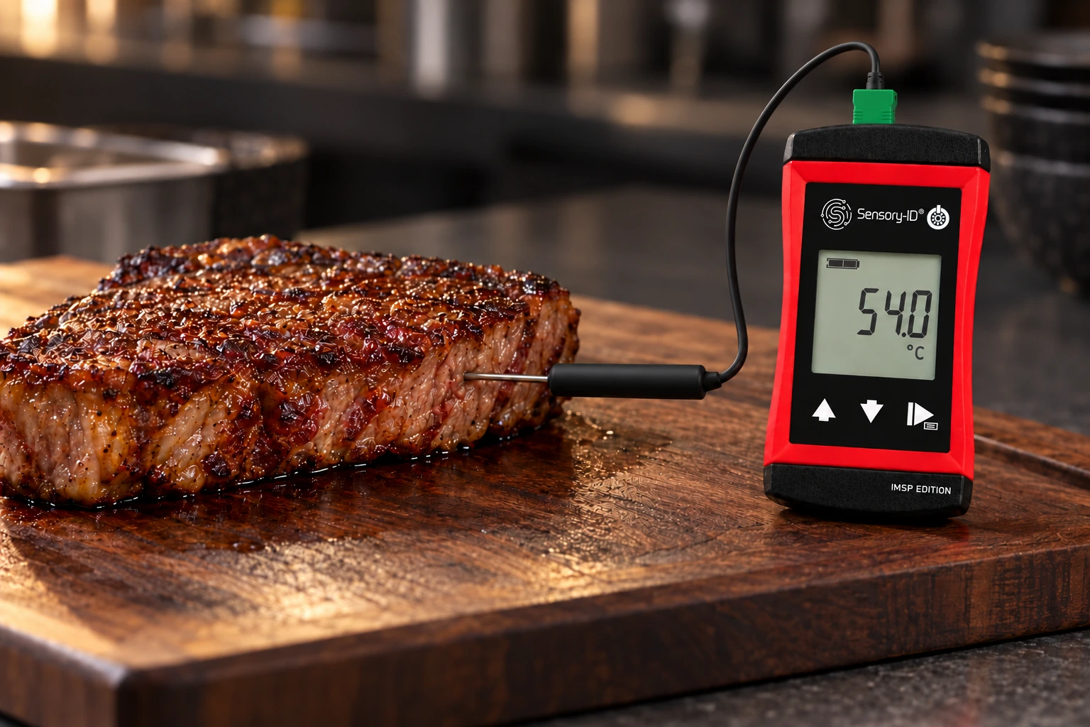 Temperaturkontrolle an einem Steak mit dem dünnen Kabelfühler